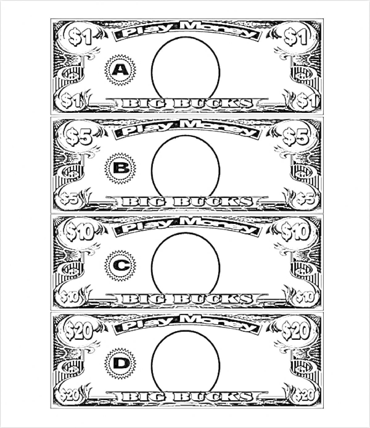 На раскраске изображено: Деньги, Доллар, Номиналы, Буквы, C, D, Учеба, Игра, Буква А, Буква b, 10, Для детей