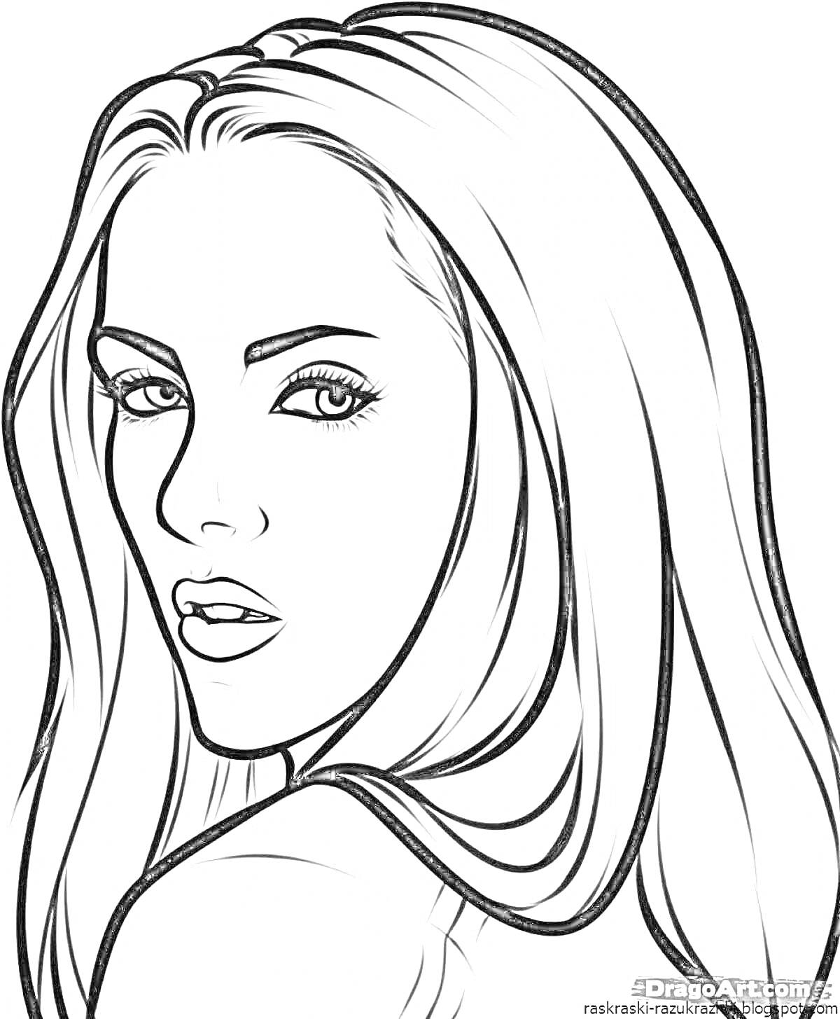 Раскраска Раскраска с изображением лица девушки с длинными волосами и выраженными глазами