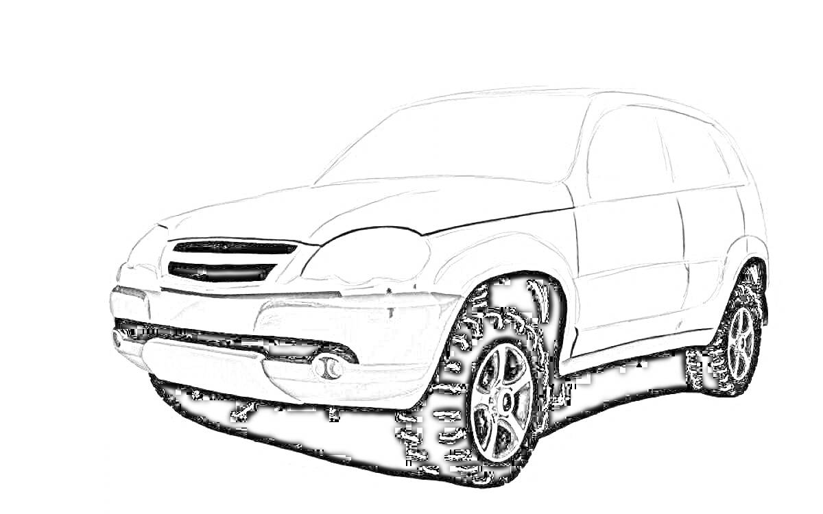 На раскраске изображено: Шевроле Нива, Внедорожник, Оформление, Транспорт, Линии