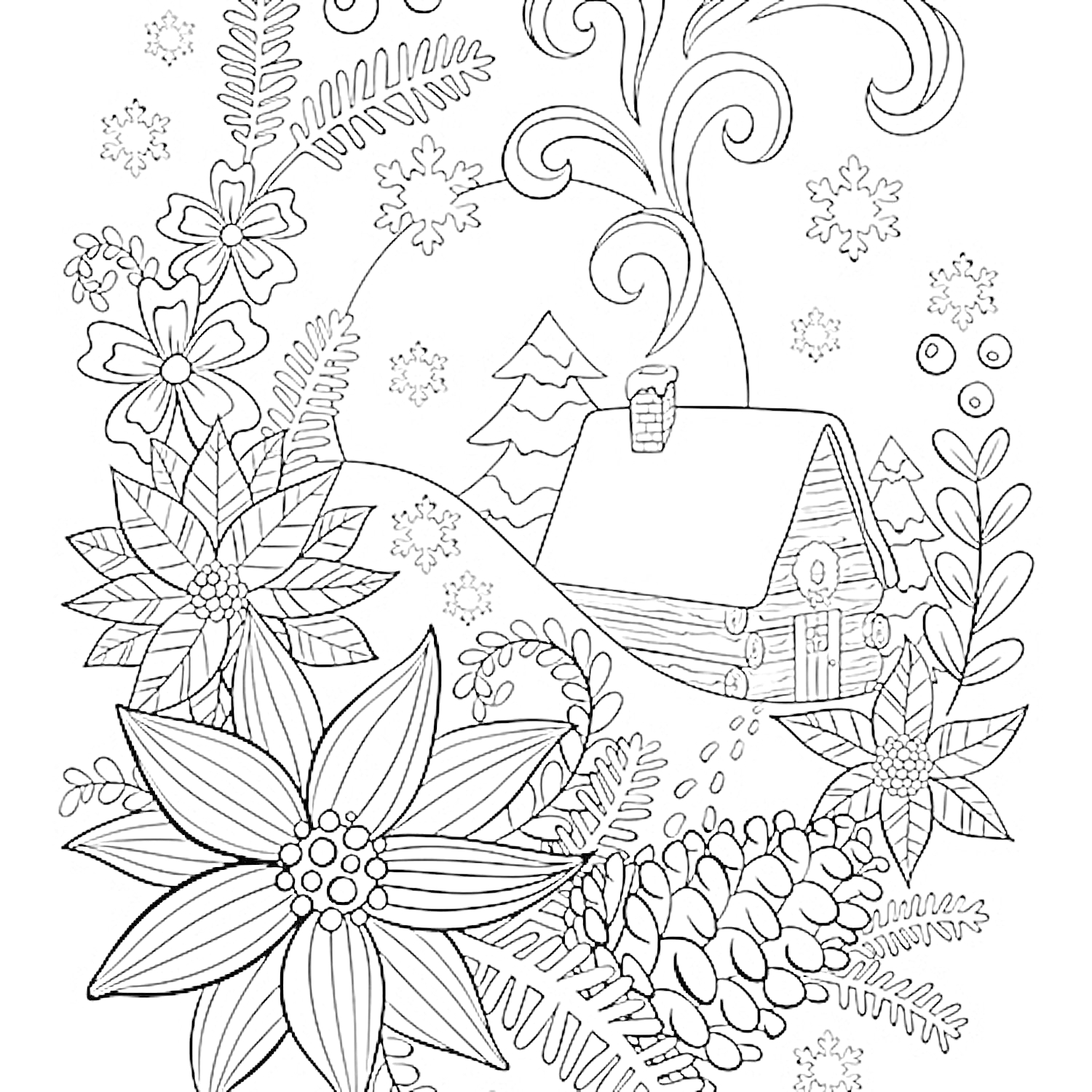 На раскраске изображено: Цветы, Хвоя, Шишки, Ёлки, Домик, Снег