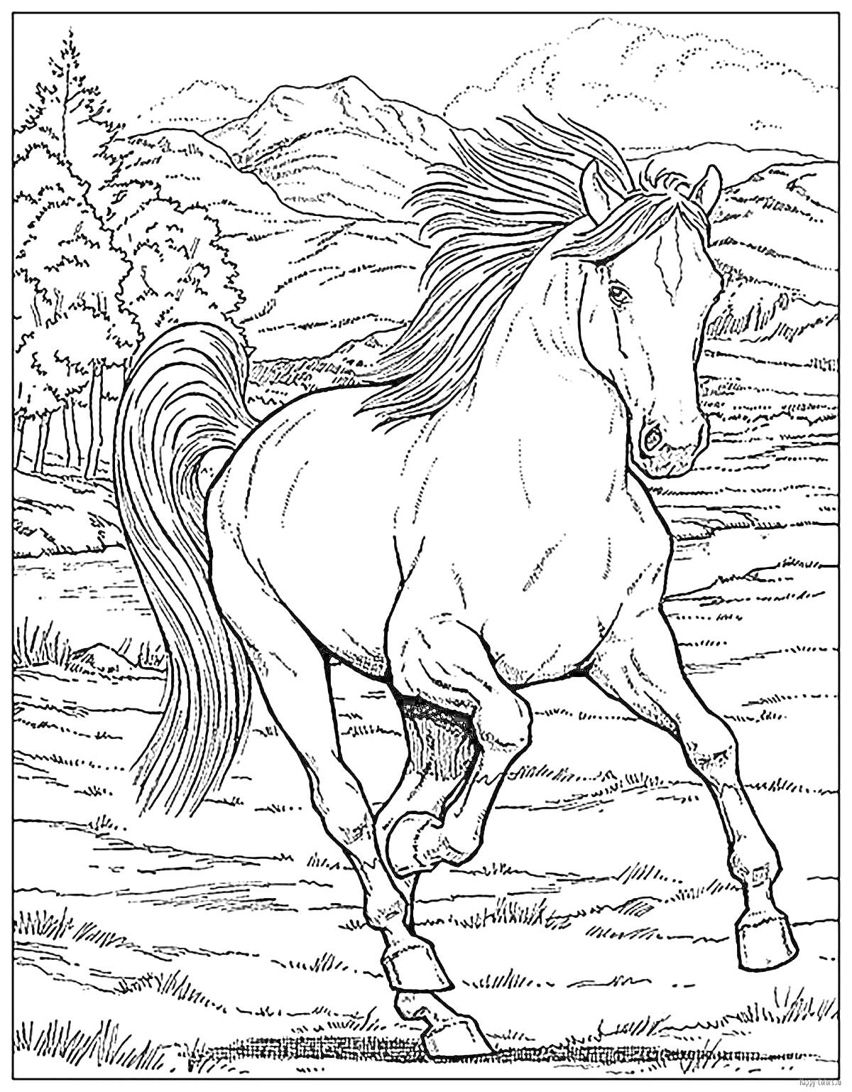 Раскраска Лошадь на лугу на фоне гор и деревьев