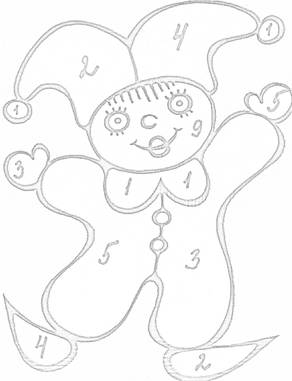 Раскраска Петрушка персонаж с колпаком, улыбкой, пуговицами на костюме и номерами для раскрашивания