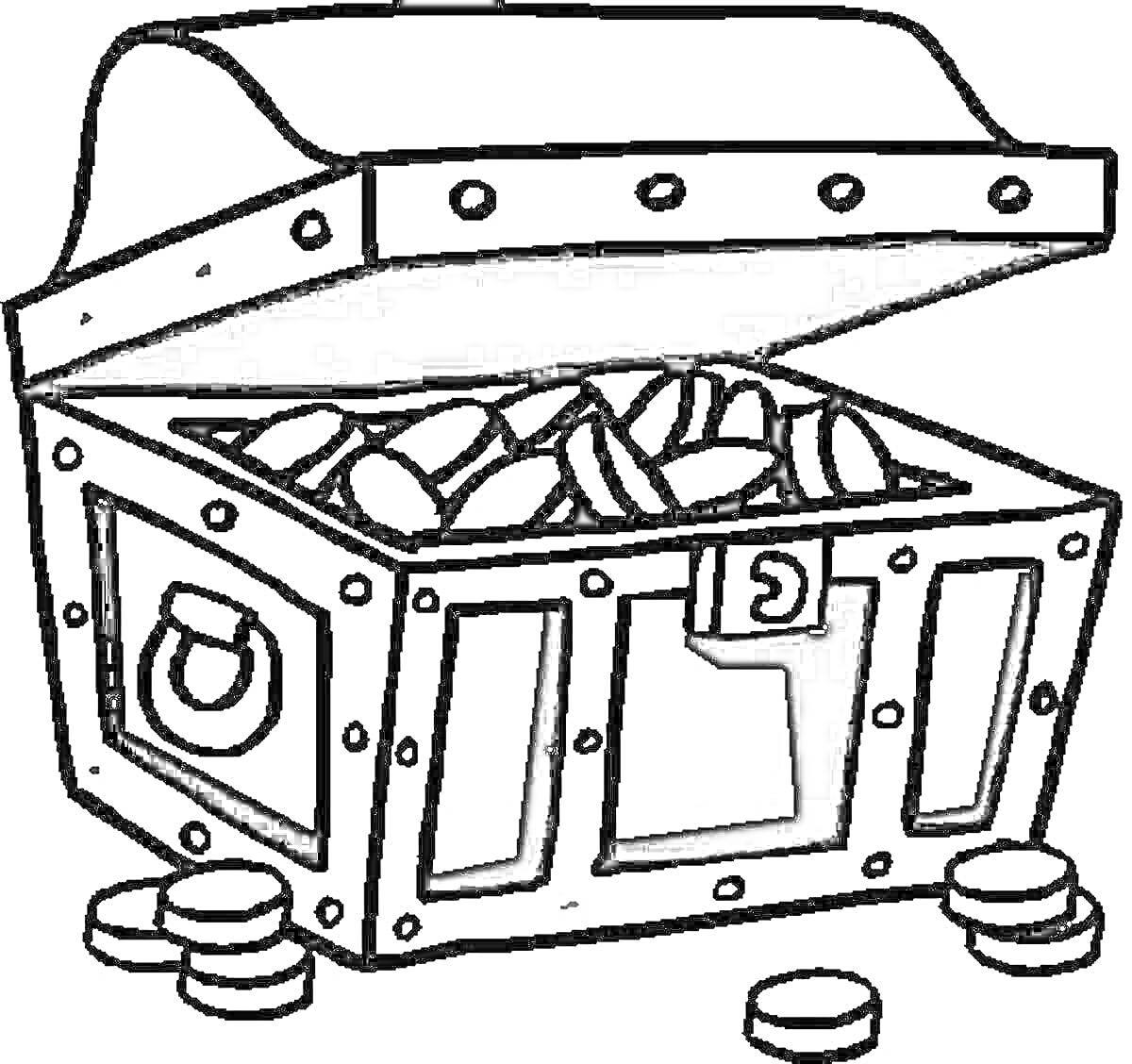 На раскраске изображено: Клад, Монеты, Богатство, Пиратский сундук, Открытая крышка, Золото