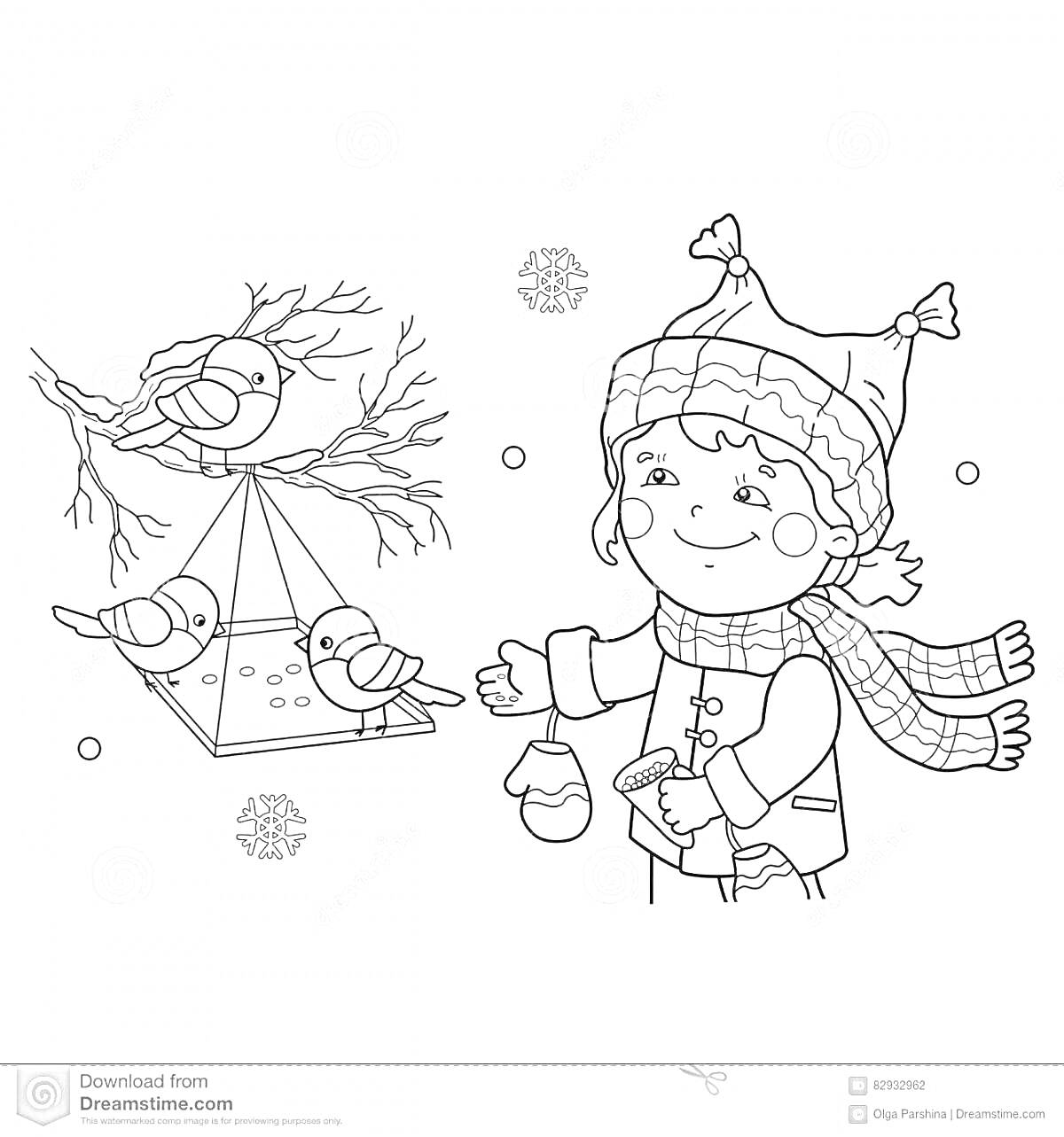 На раскраске изображено: Зимняя одежда, Мальчик, Кормушка для птиц, Снег, Зима, Ребенок, Шапка, Шарф, Варежка