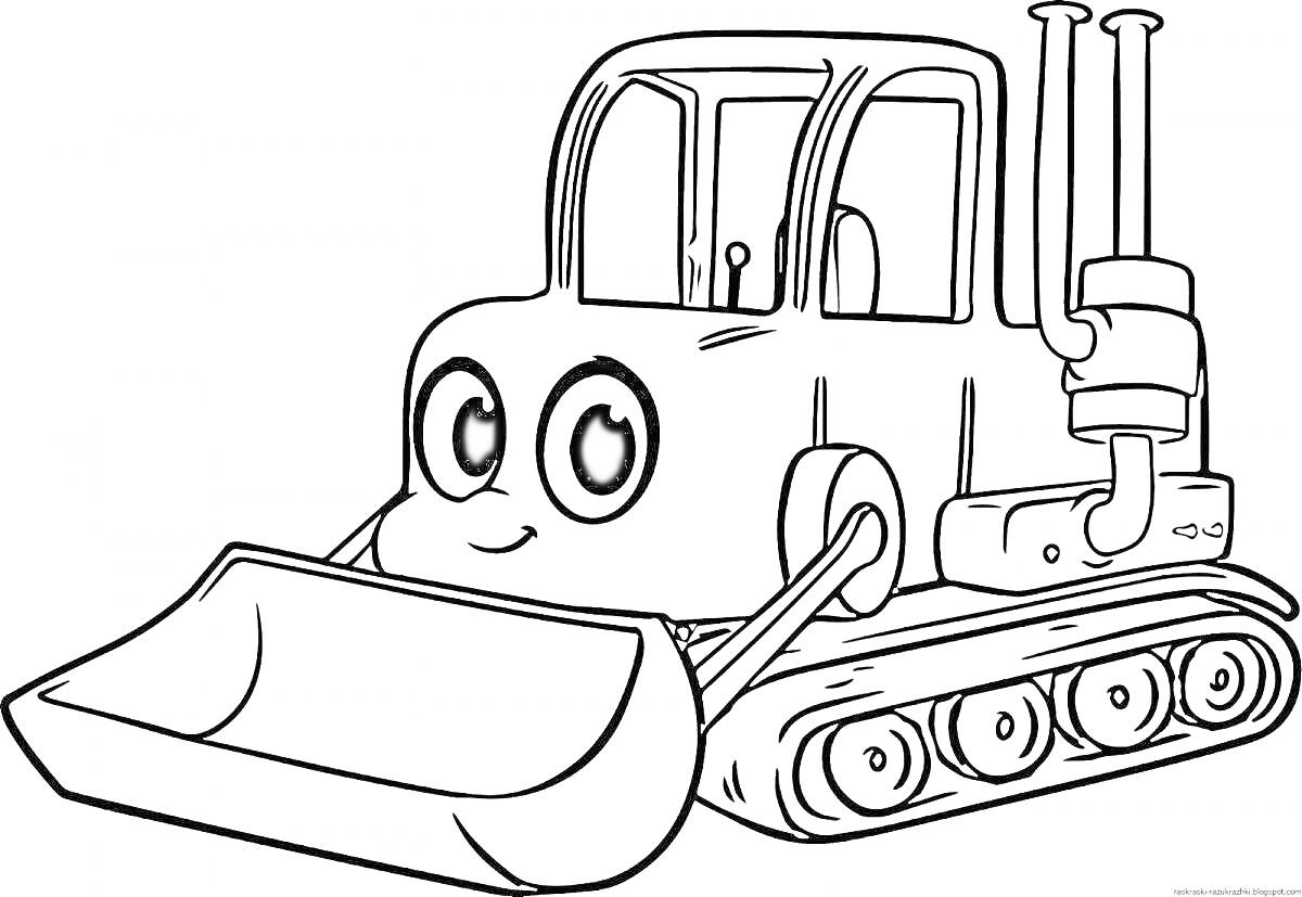 На раскраске изображено: Трактор, Ковш, Гусеницы, 4 года, 5 лет, Строительная техника, Транспорт, Для детей, Улыбка