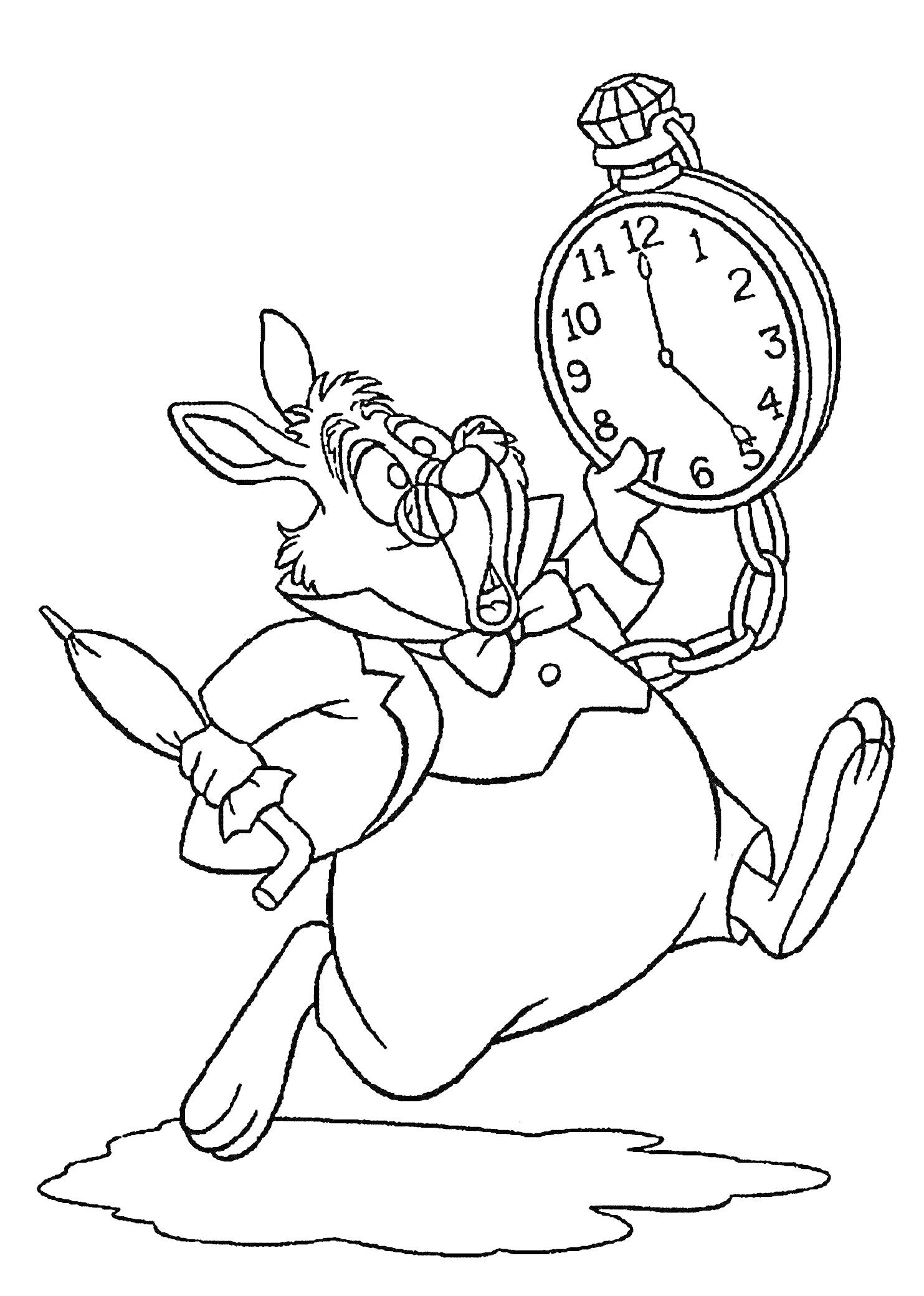 На раскраске изображено: Алиса в Стране Чудес, Белый Кролик, Часы, Бег, Кролик, Из сказок, Персонаж, Время