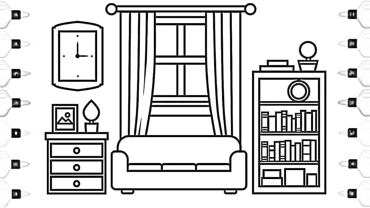 Раскраска Гостиная с диваном, окном, шторами, часами, комодом с тремя ящиками и книгами на книжной полке