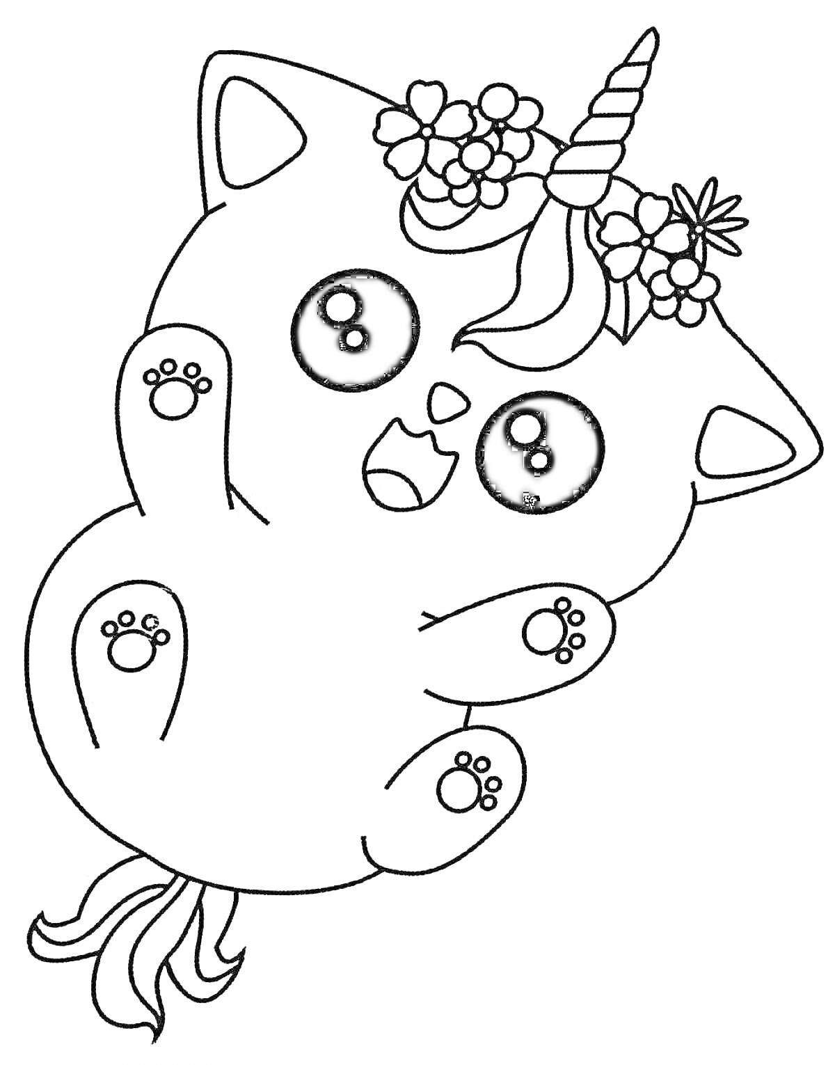 Раскраска кот-единорог с большими глазами, цветочным венком и хвостом русалки
