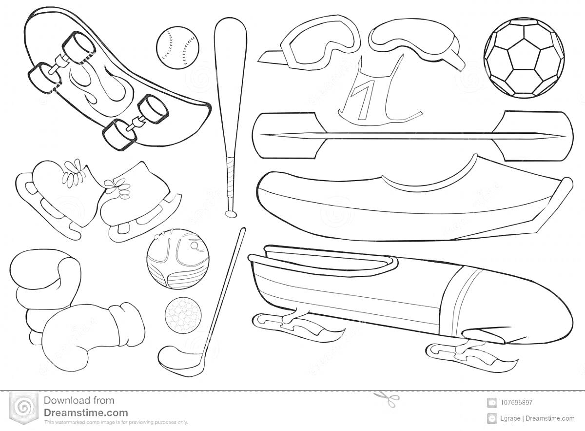 Раскраска Зимний инвентарь с коньками, санями, защитными очками, хоккейной клюшкой, боксёрскими перчатками и мячами