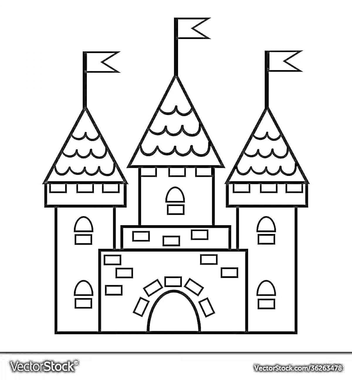 Раскраска Замок с тремя башнями, аркой и флагами