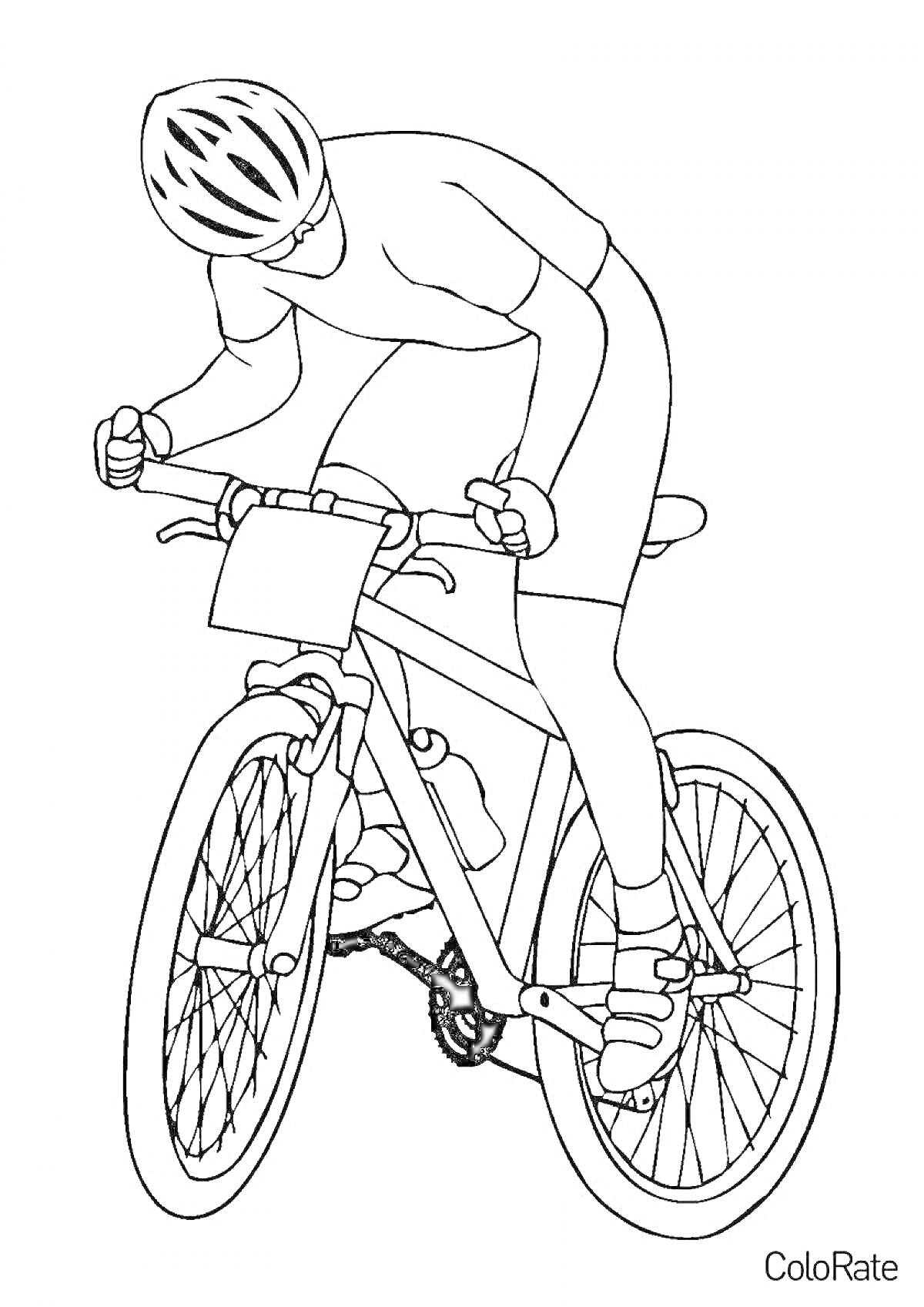 На раскраске изображено: Велосипедист, Спортивная одежда, Велосипед, Спорт, Активность, Экипировка