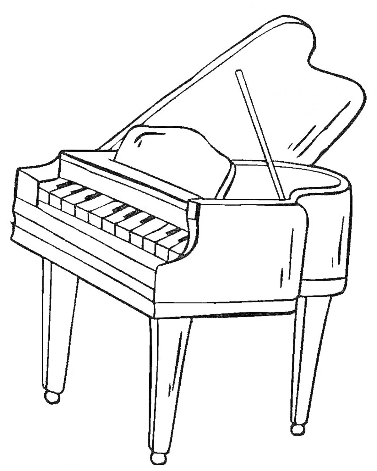 На раскраске изображено: Фортепиано, Пианино, Музыка, Клавиши, Открытая крышка, Музыкальные инструменты