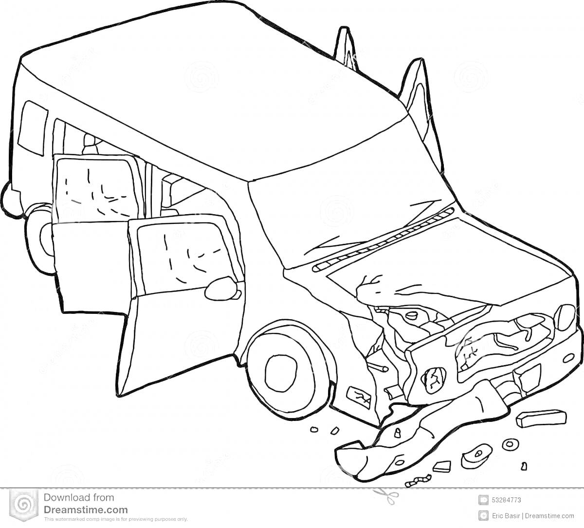 Раскраска сломанная машина с оторванным передним бампером, открытыми дверьми и повреждениями на капоте