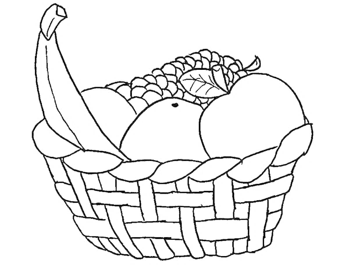 На раскраске изображено: Корзина, Фрукты, Банан, Виноград, Плетеная корзина, Яблоко