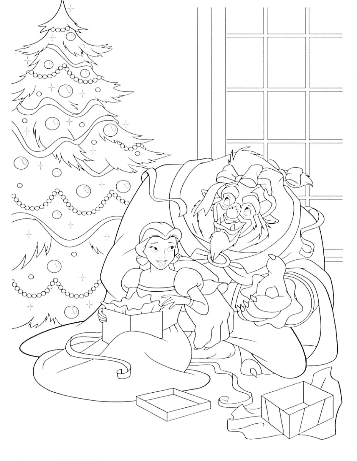 На раскраске изображено: Новый год, Украшения, Подарки, Существо, Окна, Праздничное настроение