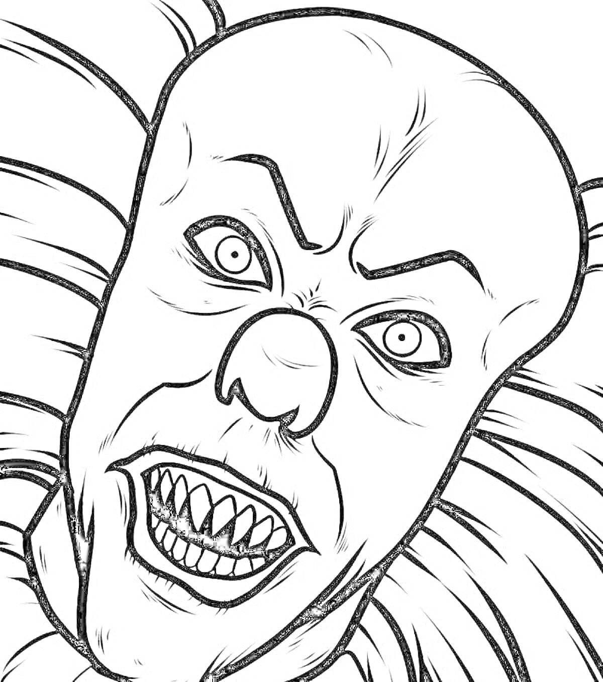 лицо жуткого клоуна с острыми зубами и выпученными глазами, окружённое воротником с рюшами