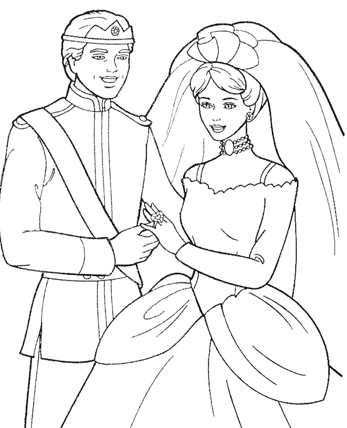На раскраске изображено: Барби, Кен, Свадьба, Свадебное платье, Костюм, Принцесса, Принц