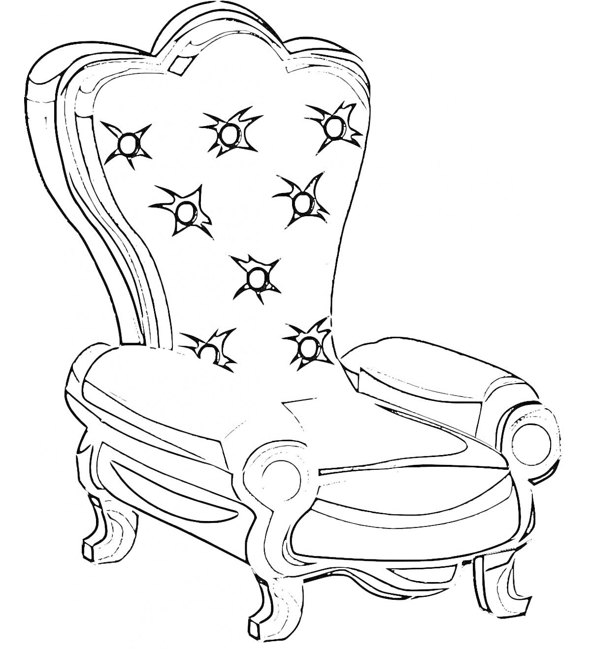 Раскраска Раскраска кресло с изогнутой спинкой и декорированными пуговицами