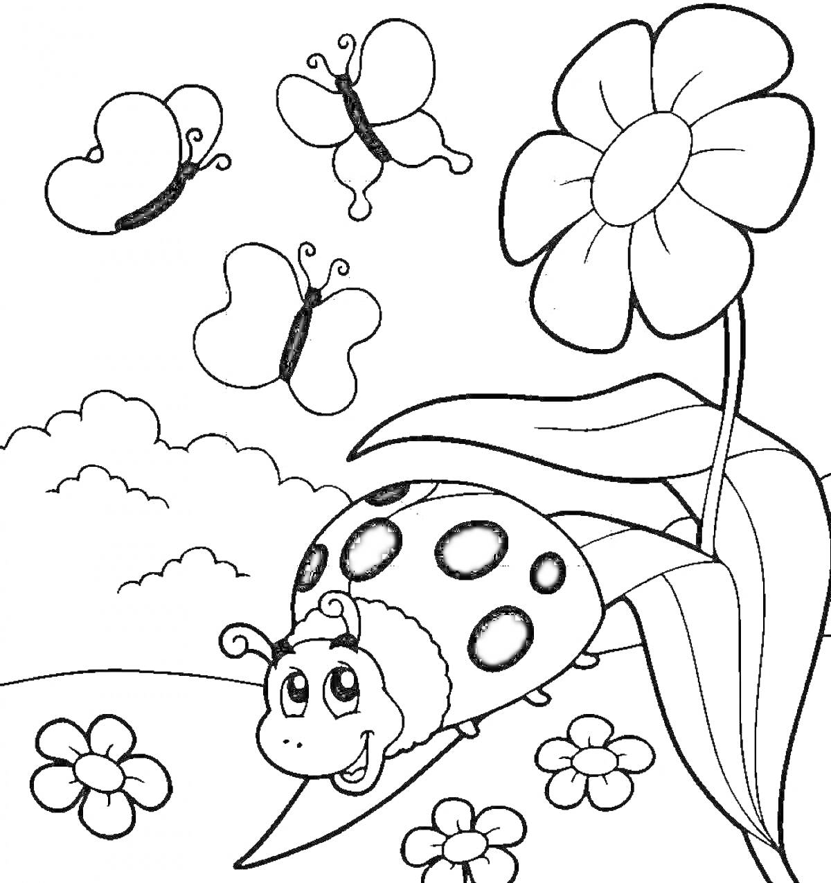 На раскраске изображено: Цветы, Облака, Природа, Для детей, Насекомое, Бабочка, Божьи коровки