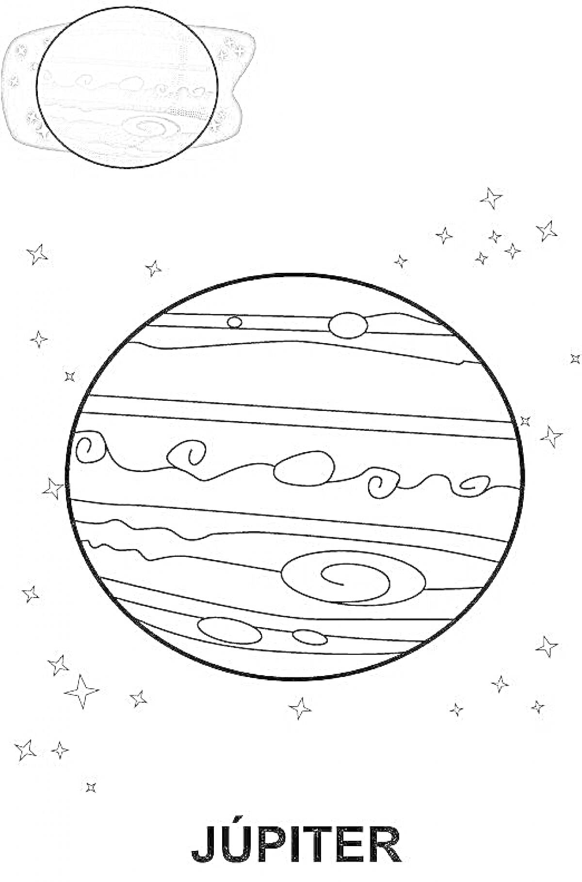 На раскраске изображено: Юпитер, Звезды, Космос, Астрономия, Для детей, Планеты