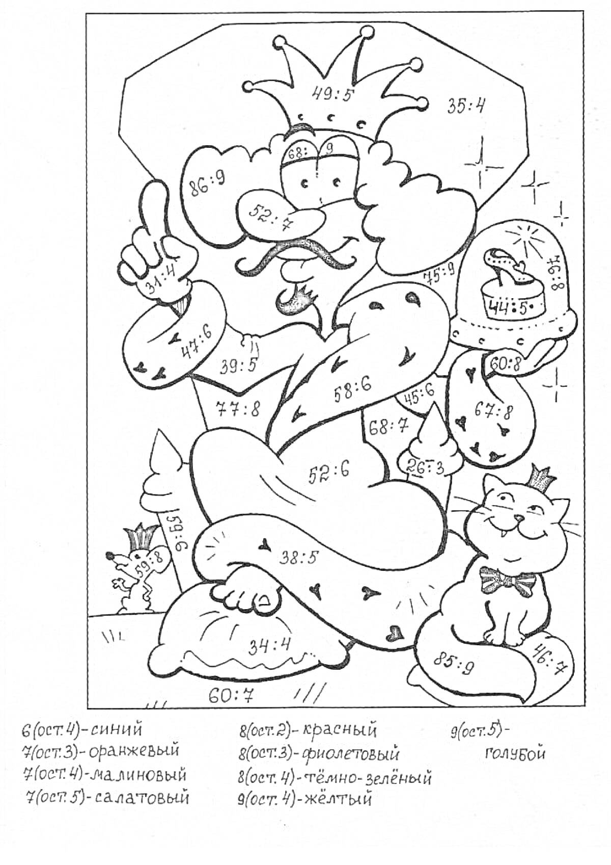Раскраска Клоун с мешком и двумя кошками, математическая раскраска для 4 класса