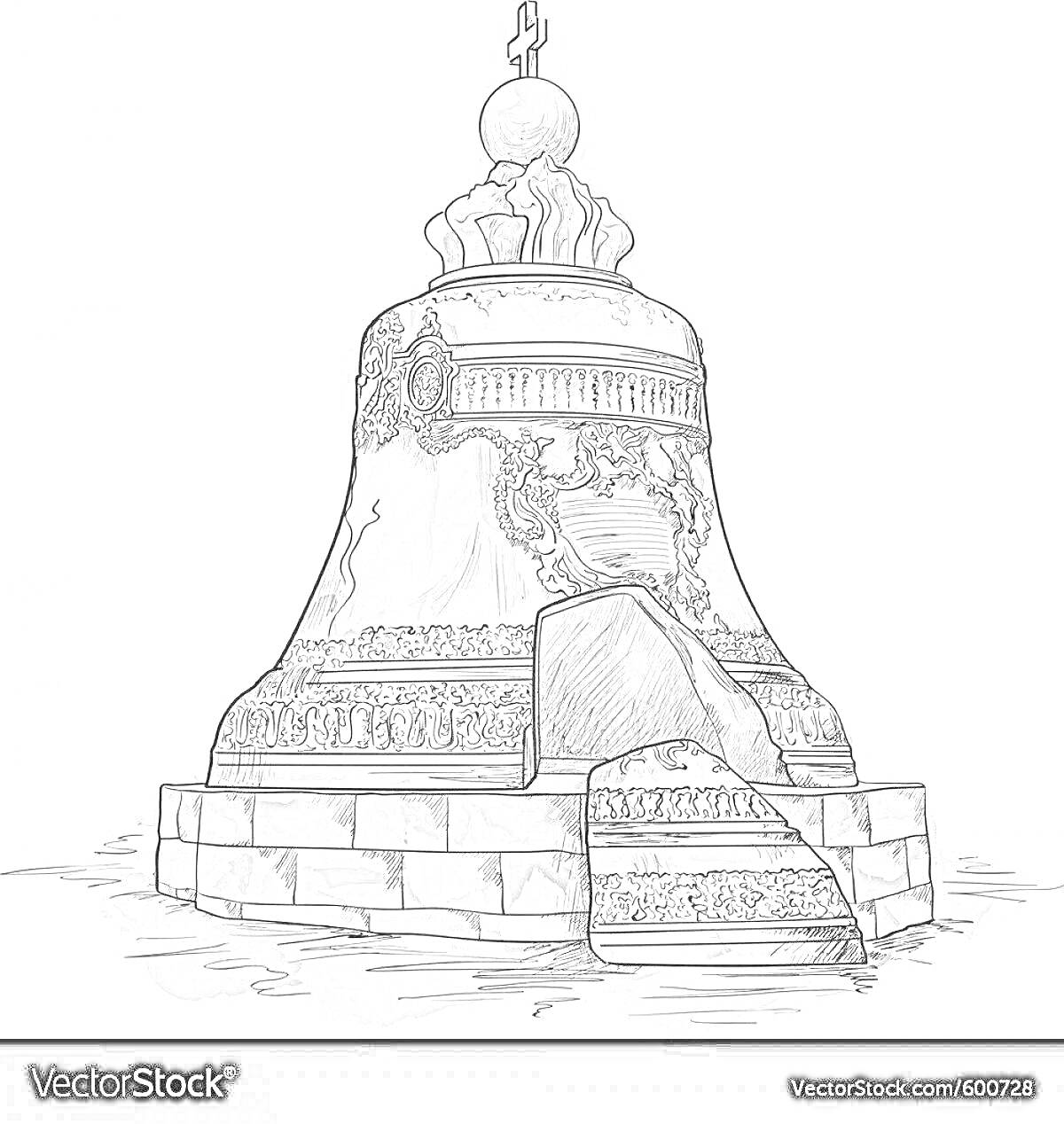 На раскраске изображено: Царь-колокол, Колокол, Постамент, Архитектура, Москва, Кремль