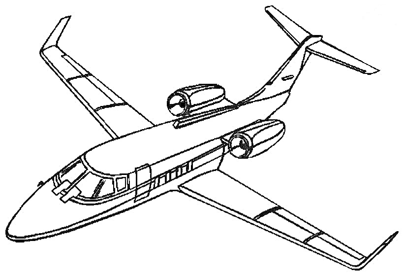 Раскраска Самолет с реактивными двигателями в полете, вид сбоку