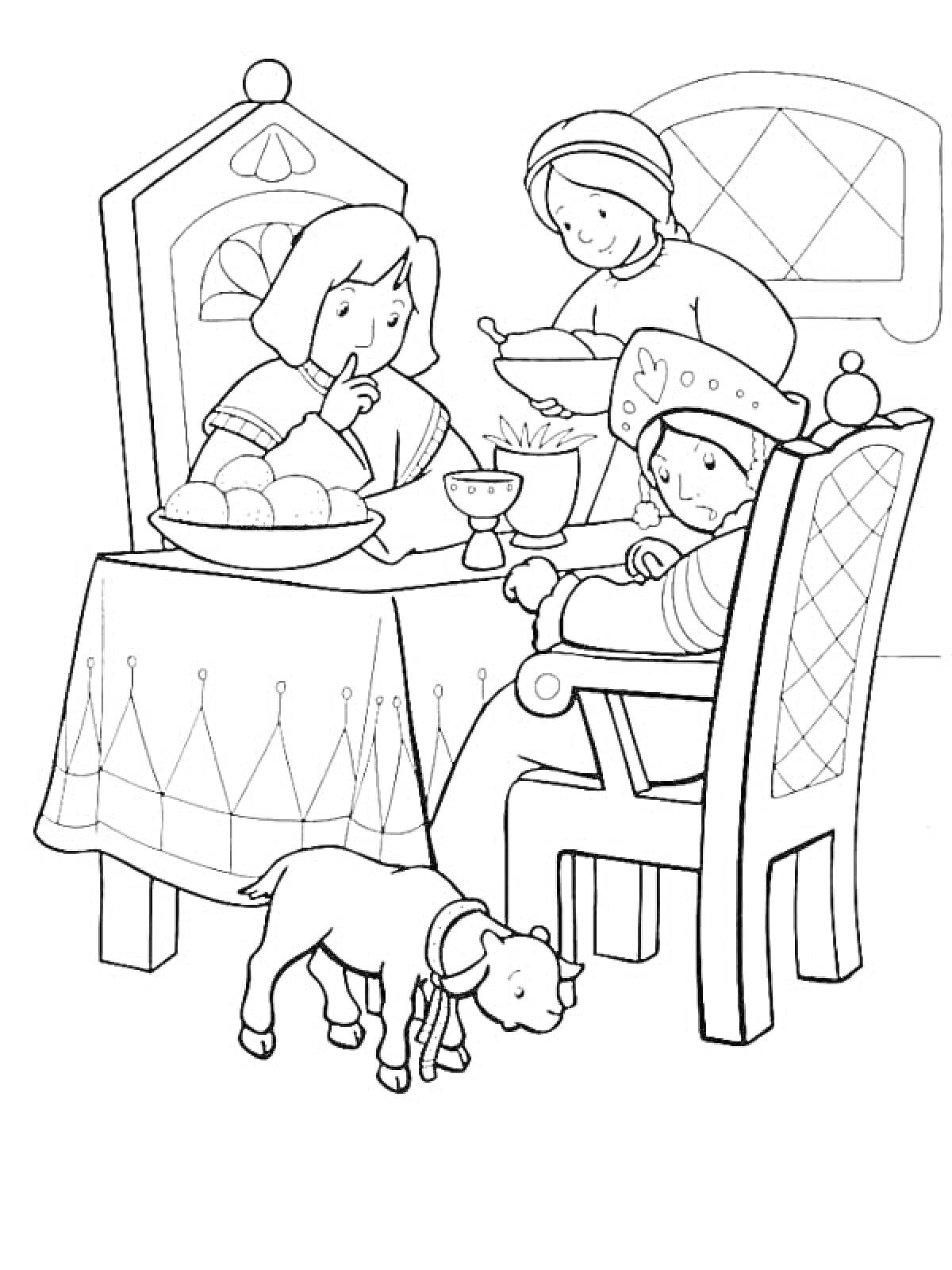  Сестрица Аленушка и братец Иванушка за столом, женщина подаёт им еду, на столе тарелка с буханками, козлёнок под столом