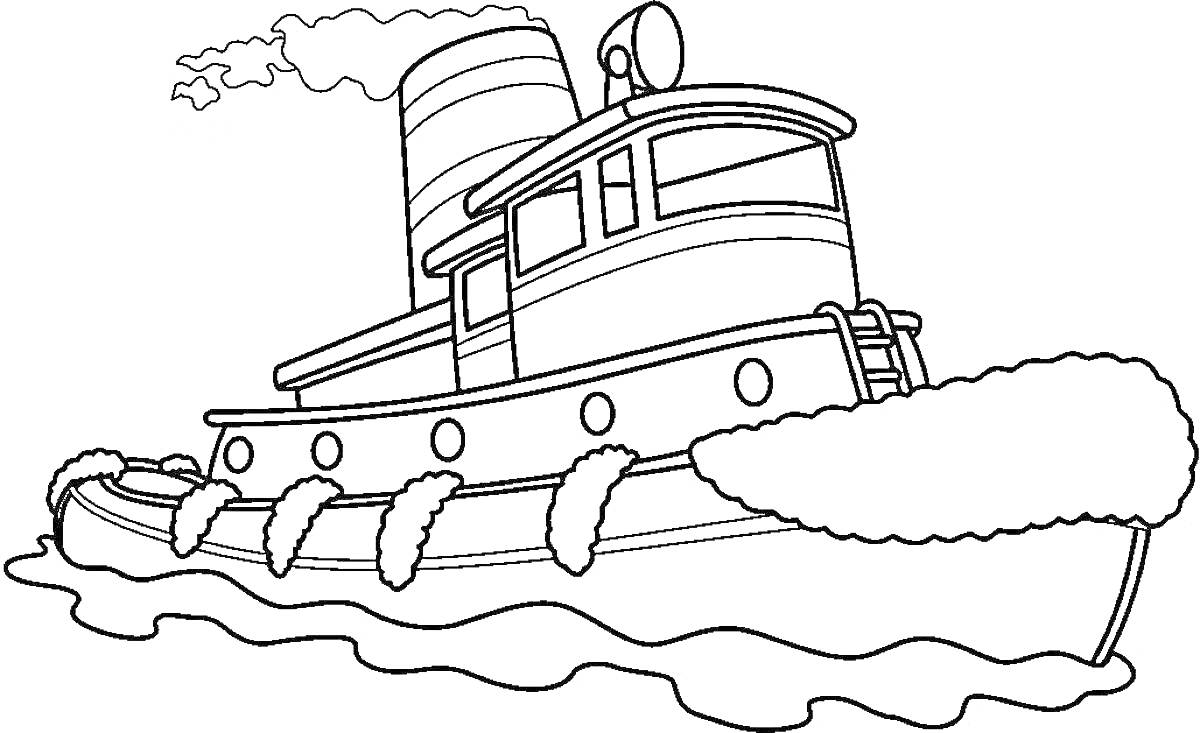 На раскраске изображено: Буксир, Вода, Иллюминаторы, Дым, Труба, Корабль, Море