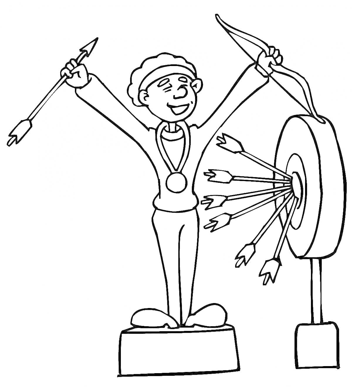 На раскраске изображено: Победитель, Стрельба из лука, Медаль, Цель, Спорт, Ребенок, Победа