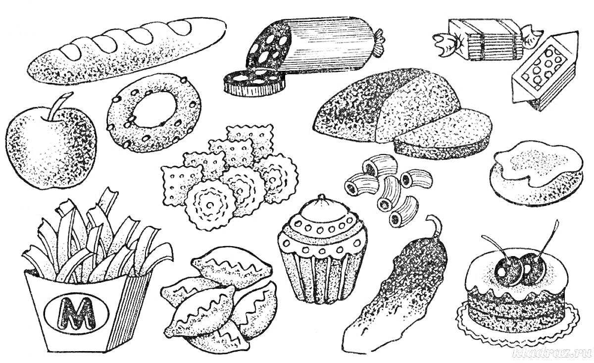 Раскраска Багет, колбаса, плитка шоколада, яблоко, пончик, крекеры, нарезанный хлеб, ириски, картофель фри, пирожные, круассан, капкейк, макароны, огурец, пышка с глазурью, бургер с вишенками
