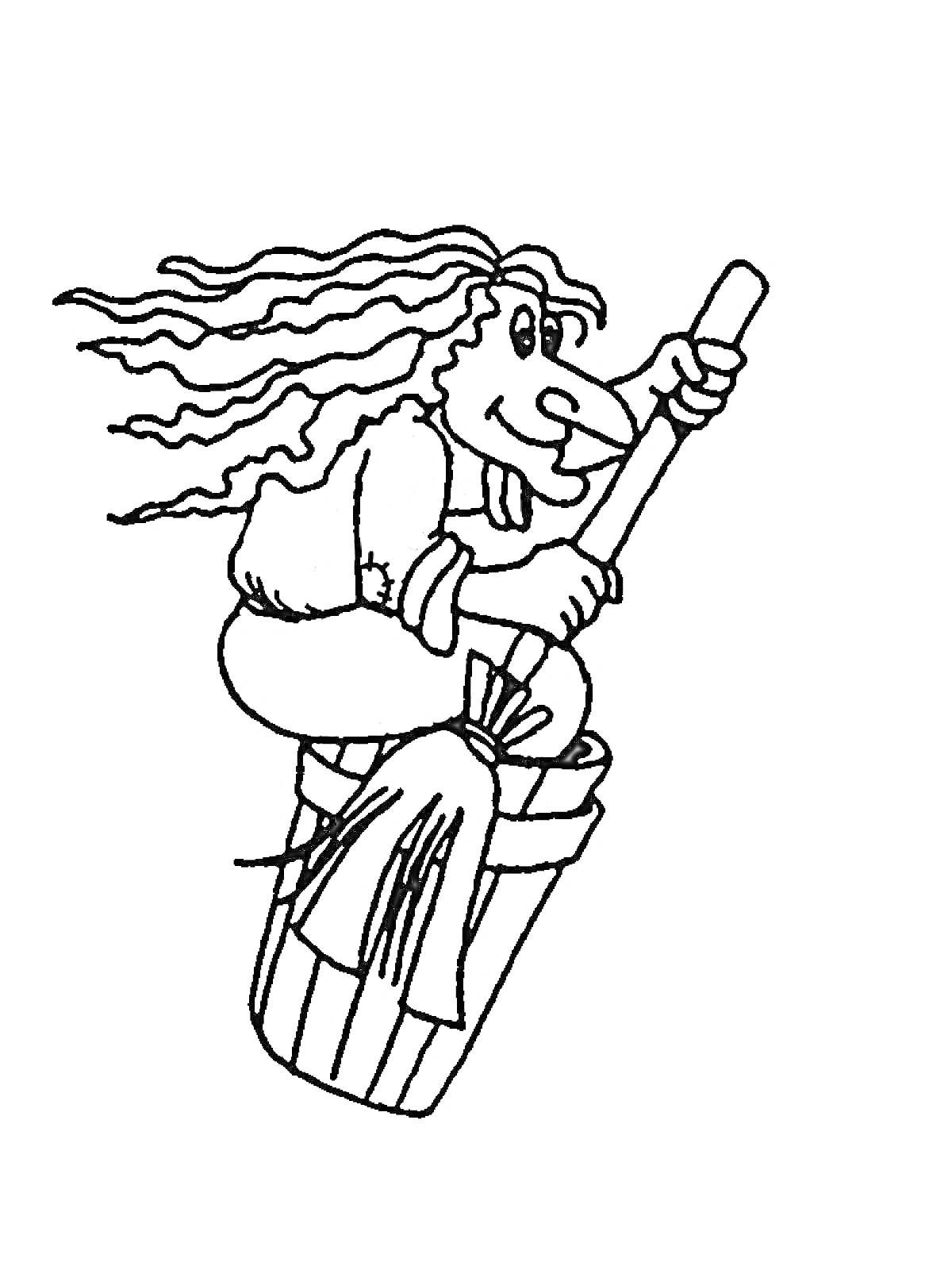 Раскраска Баба Яга на метле в ступе с длинными волосами
