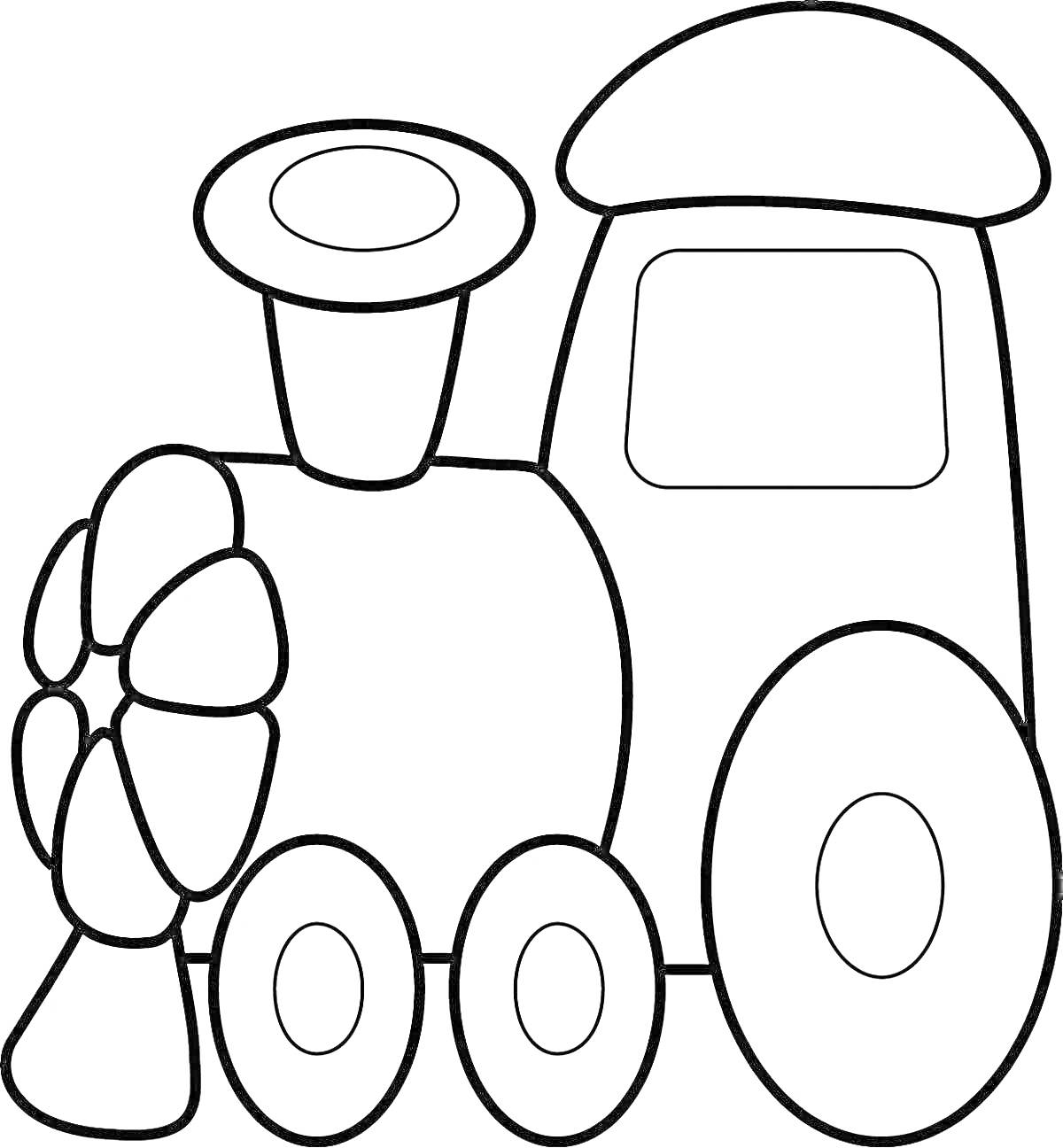 На раскраске изображено: Детский сад, Младшая группа, Транспорт, Поезд, Колёса, Труба