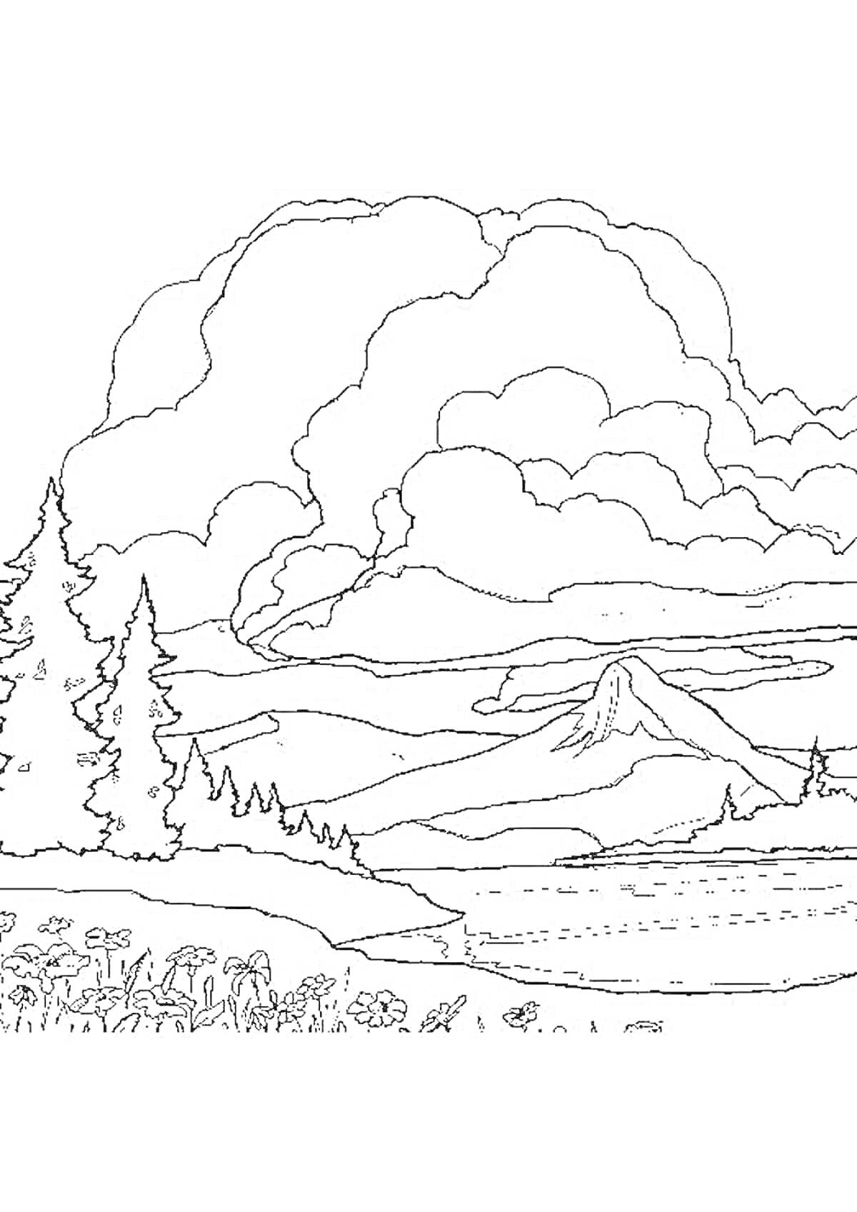 На раскраске изображено: Горы, Природа, Казахстан, Река, Цветы, Облака, Пейзаж