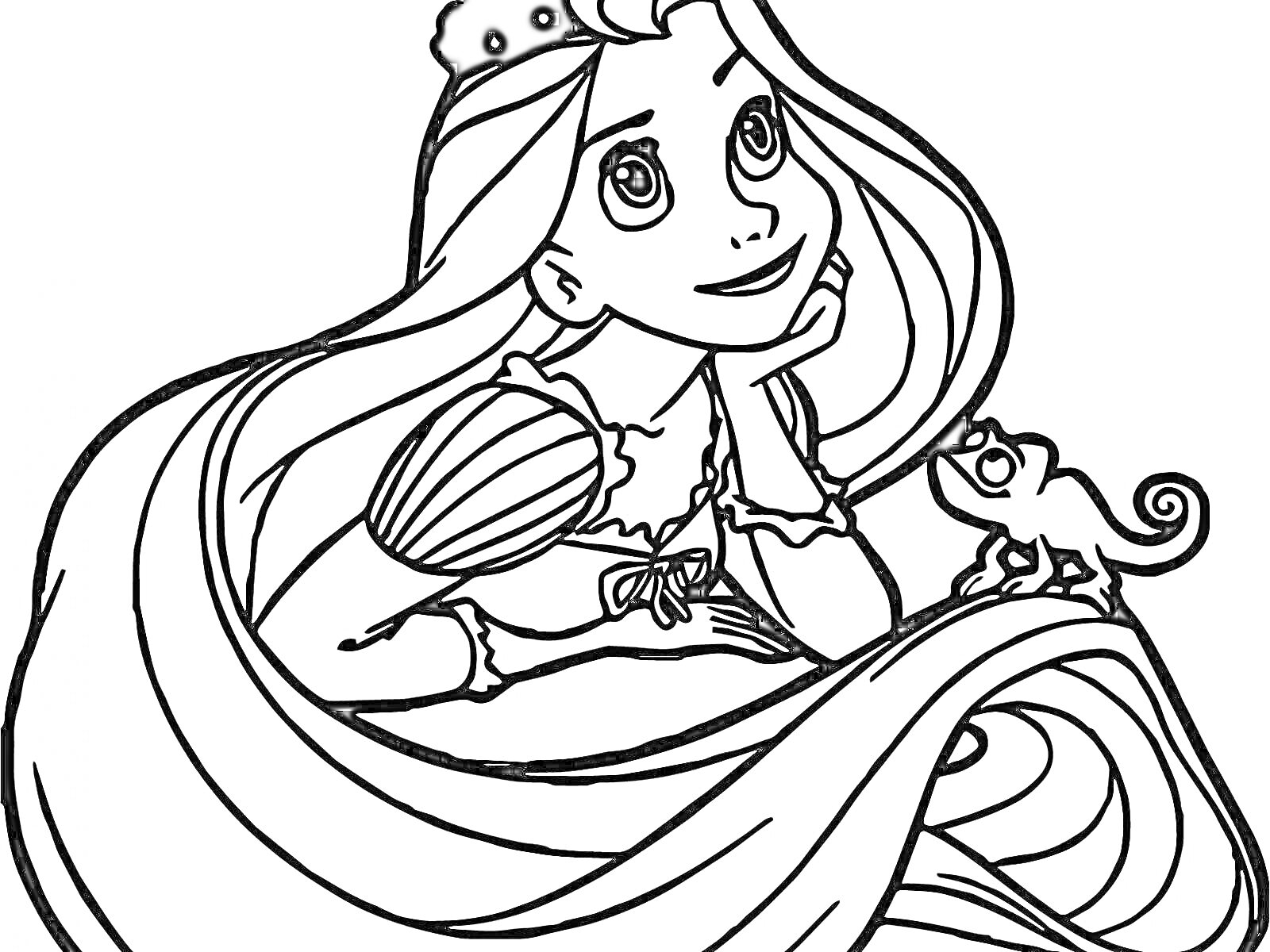 На раскраске изображено: Рапунцель, Длинные волосы, Принцесса