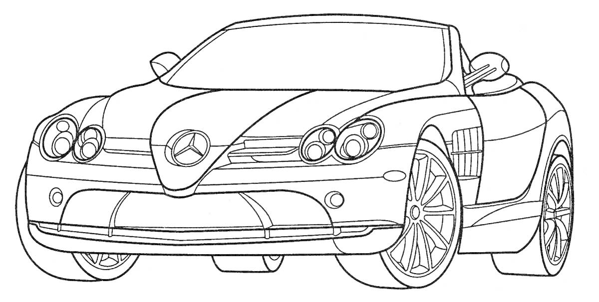 На раскраске изображено: Mercedes, Фары, Колёса, Спортивная машина