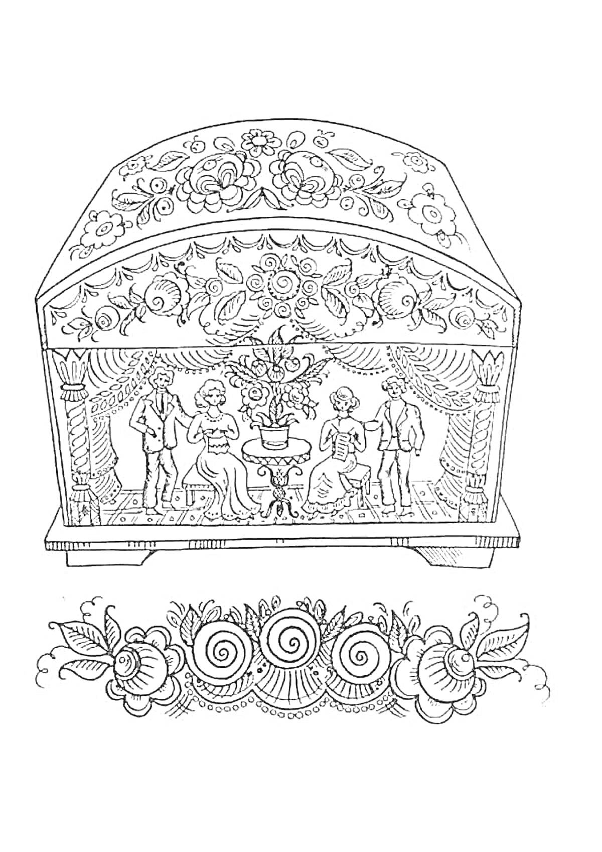 На раскраске изображено: Палех, Шкатулка, Орнамент, Цветы, Декоративный элемент