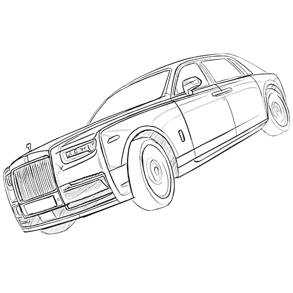 Раскраска Контурное изображение автомобиля Rolls-Royce с деталями кузова, фарами, колесами и фирменным логотипом на капоте.
