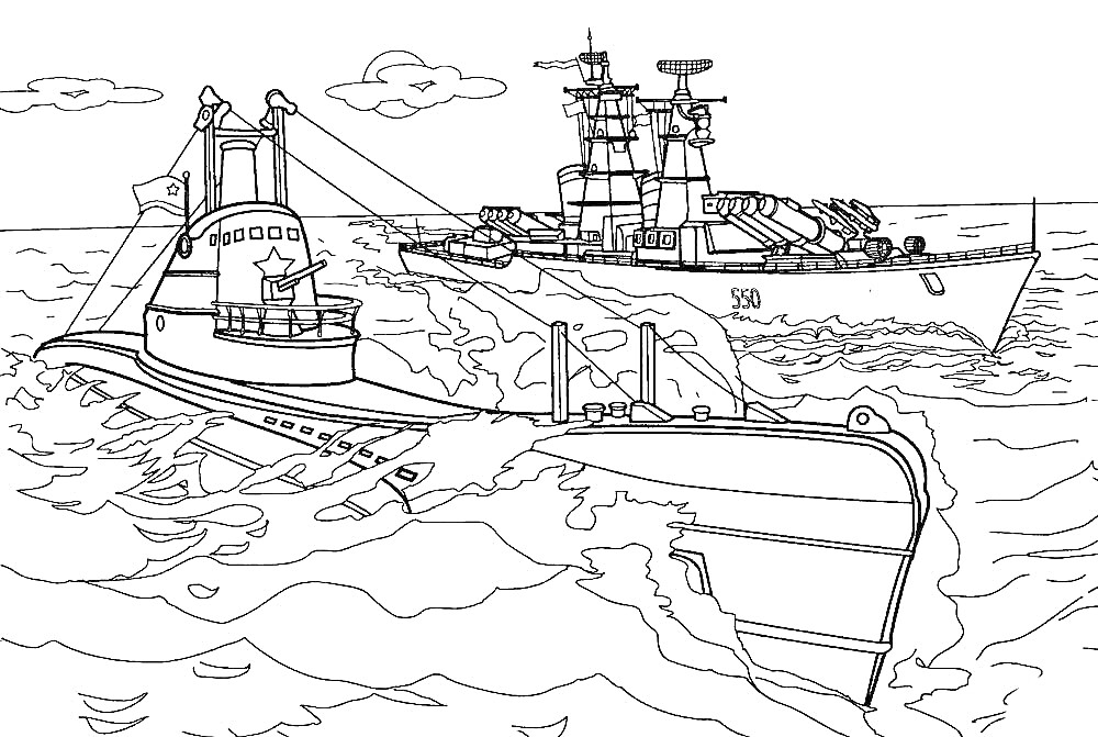 Подводная лодка и военный корабль на фоне волнистого моря