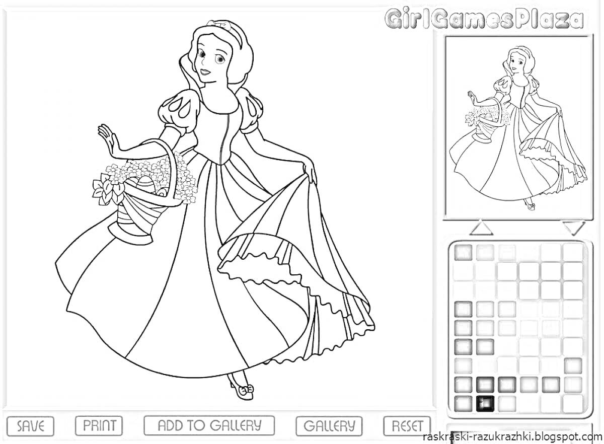 На раскраске изображено: Принцесса, Корзина, Цветы, Платье, Игры для девочек, Сказочные персонажи