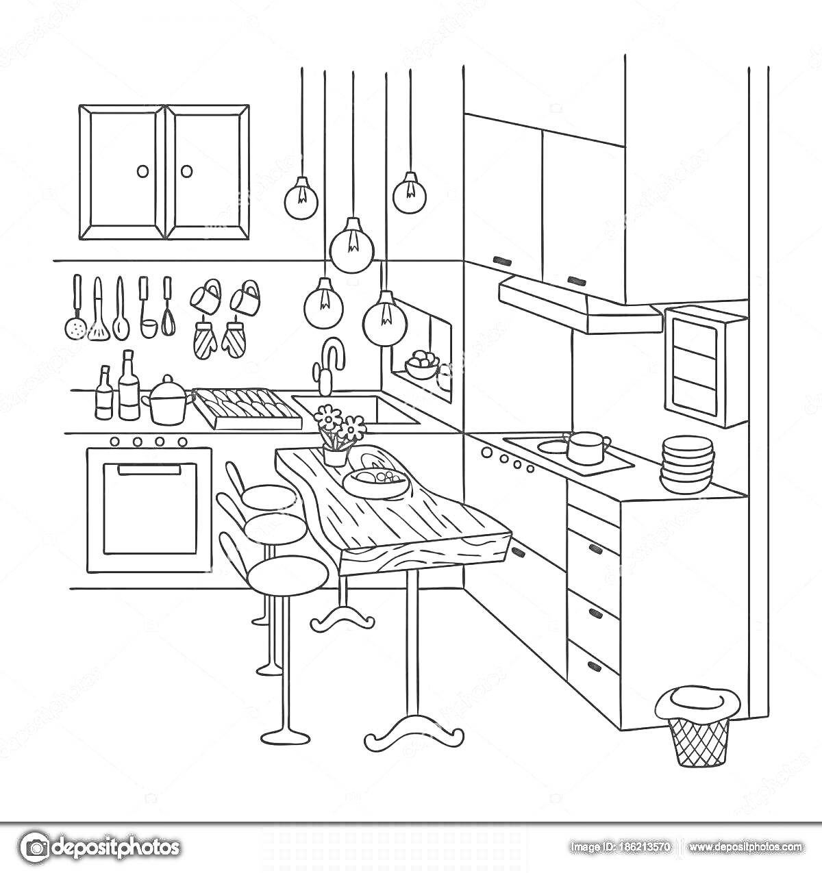 Раскраска Кухонный интерьер с барной стойкой и подвесными светильниками. На рисунке: шкафы, полки, подвесные светильники, духовка, варочная поверхность, вытяжка, раковина, посуда, барная стойка с четырьмя стульями, корзина для мусора.