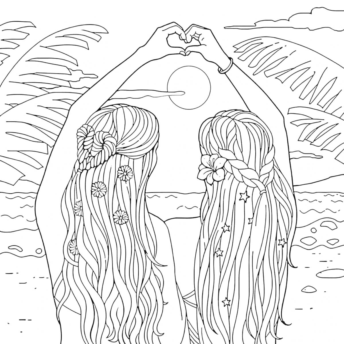 Раскраска Две девочки с длинными волосами на пляже, смотров очередь на закат, складывают руки в форме сердца