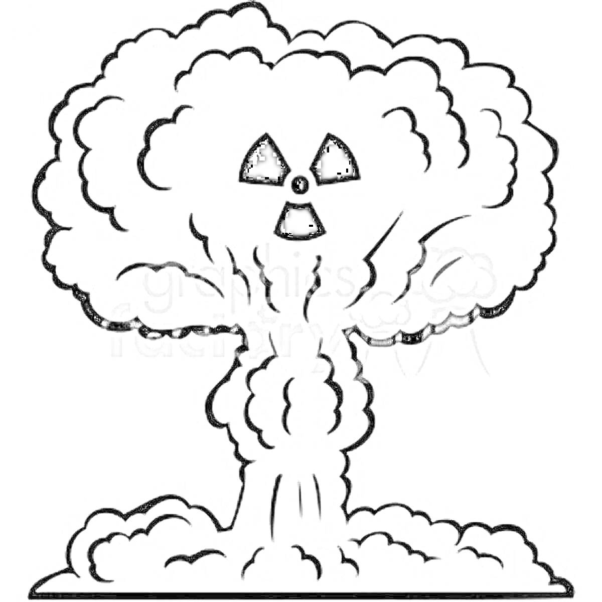 На раскраске изображено: Взрыв, Грибовидное облако, Радиация, Ядерный взрыв