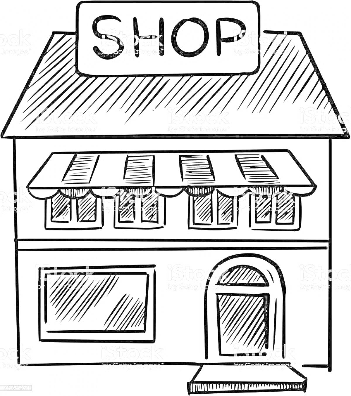 Раскраска Магазин с вывеской SHOP, витринами, навесом и входной дверью