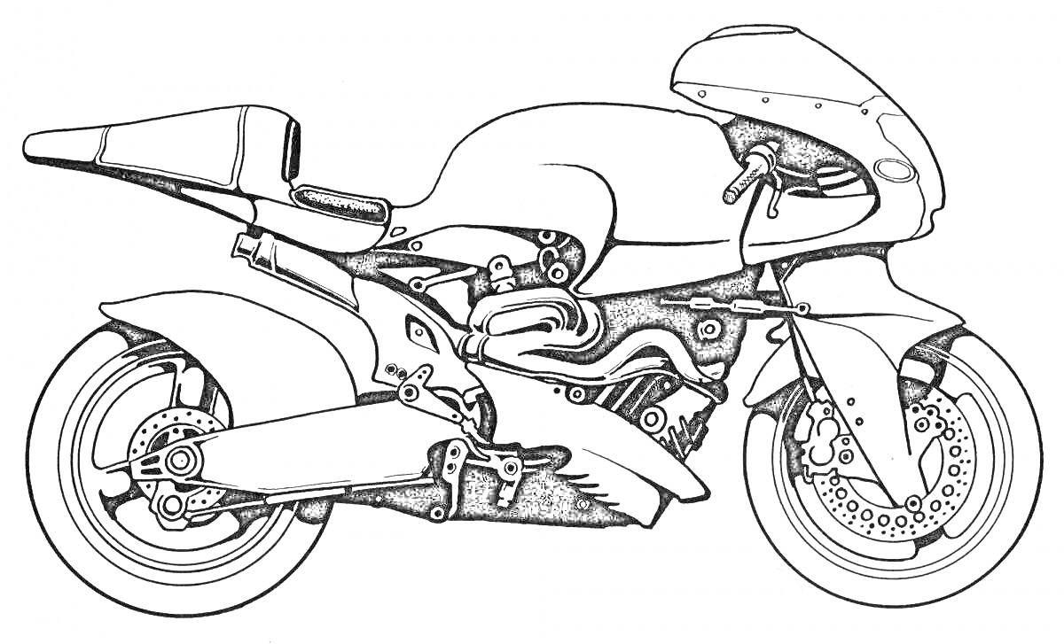 Раскраска Гоночный мотоцикл с аэродинамическим обтекателем, мощным двигателем и спортивными деталями