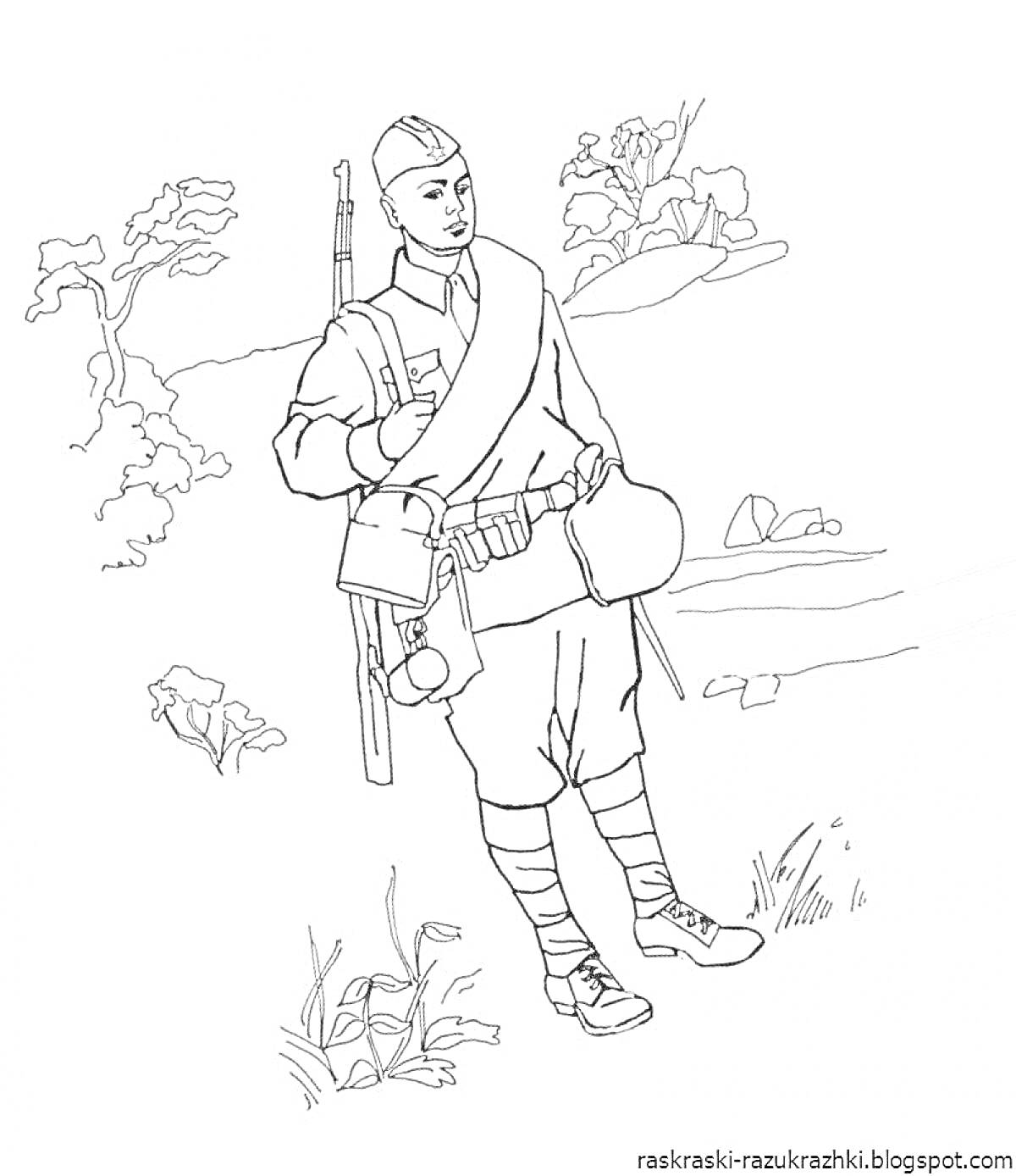 Раскраска Солдат в форме с ружьем на фоне природы