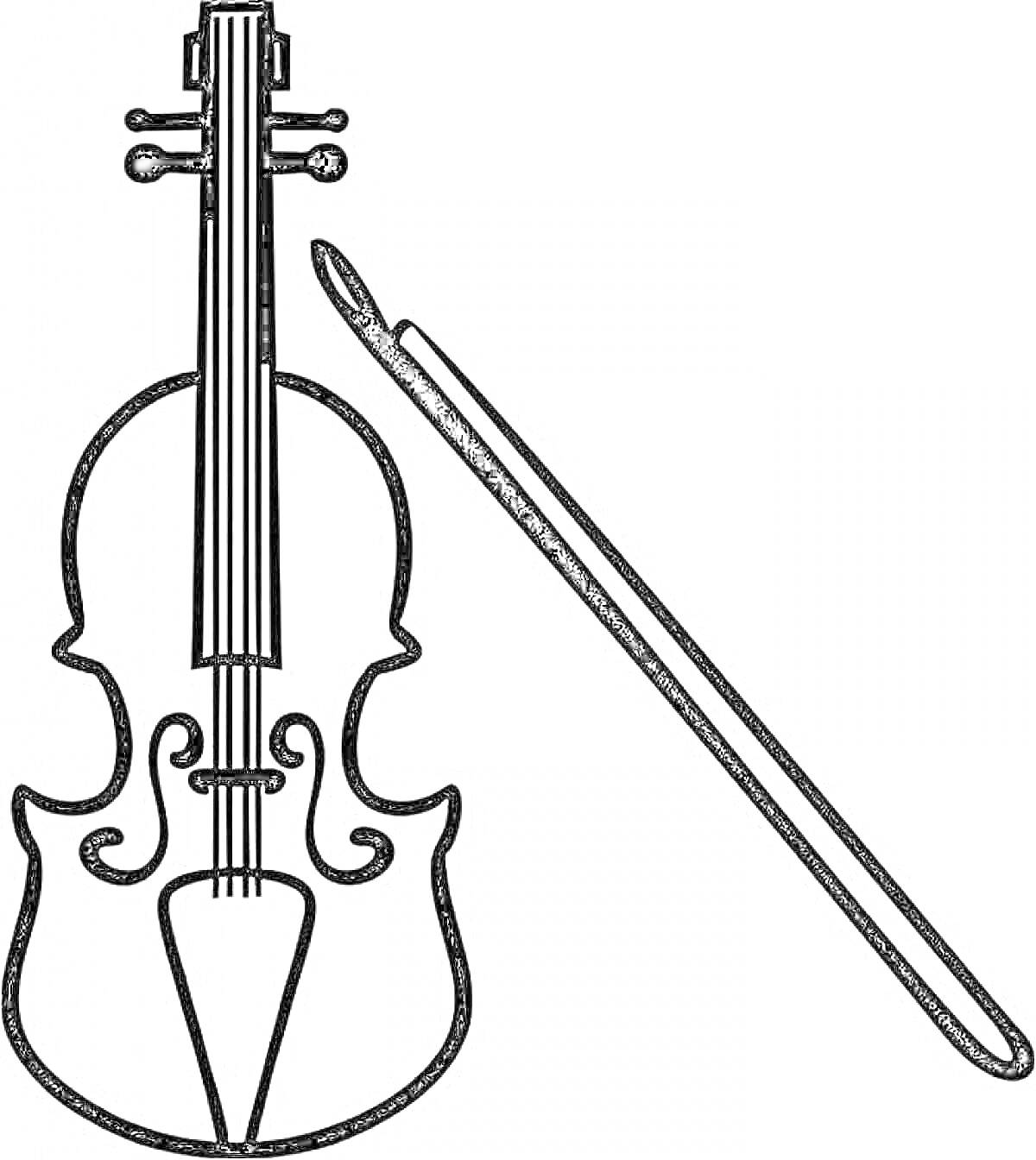 На раскраске изображено: Скрипка, Смычок, Музыкальный инструмент, Музыка, Инструмент