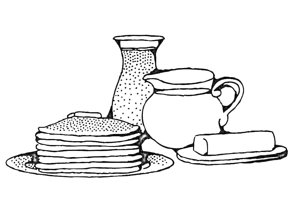 На раскраске изображено: Масло, Молоко, Кувшин, Тарелка, Русская кухня