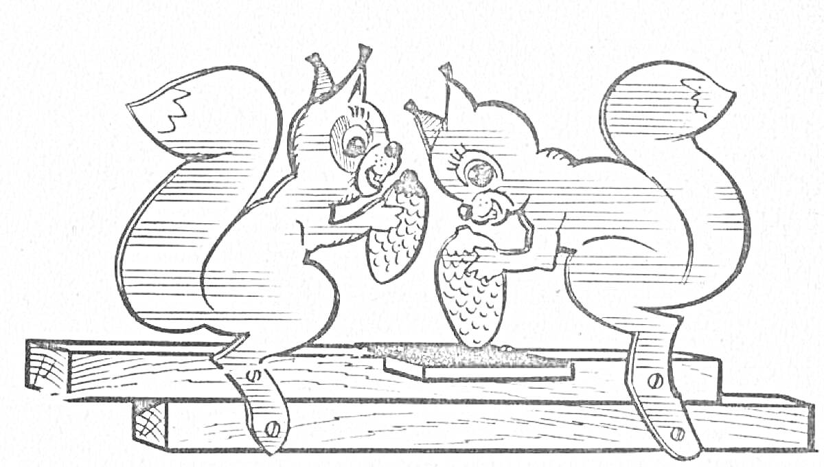 Раскраска Две белки с шишками на деревянных брусках
