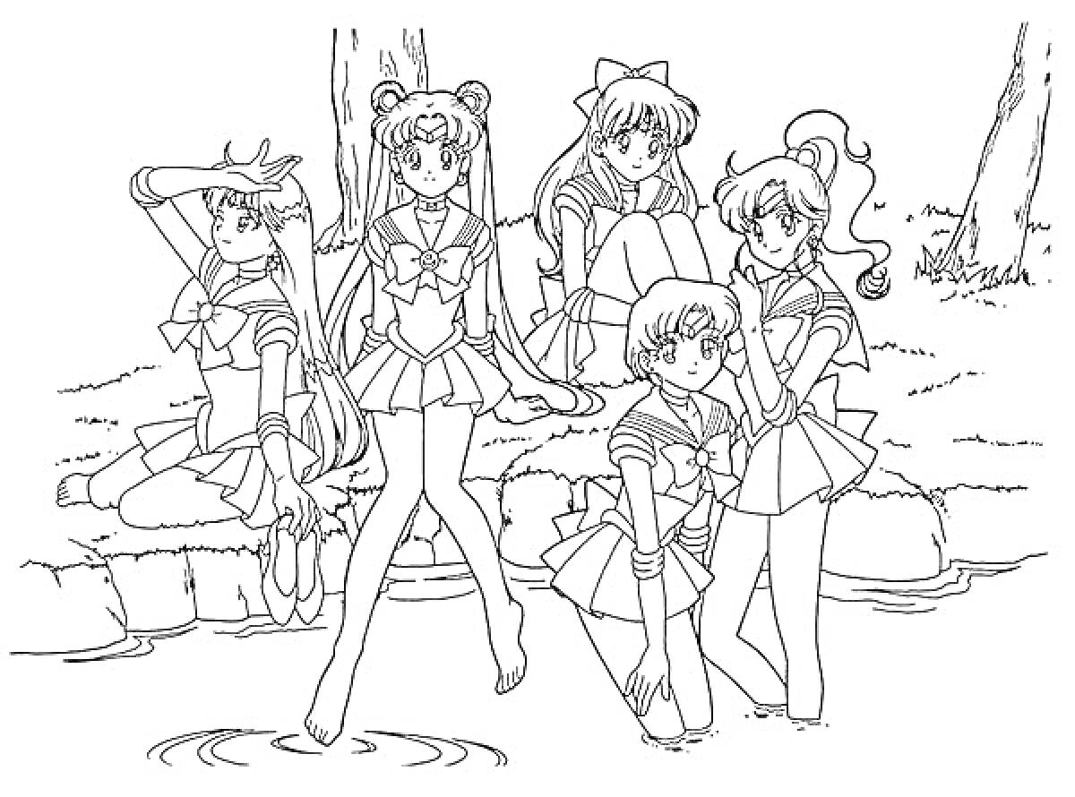 Sailor Moon и остальные Сейлор-воины у водоема в лесу